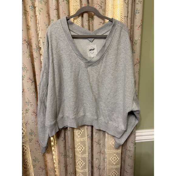 aerie Tops - Aerie Womens XL Gray Oversized V Neck Sweatshirt Double V Boxy Pullover